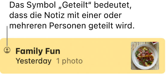Eine Notiz, die mit anderen Personen in einer Nachrichten-Konversation geteilt wurde, mit dem Freigabe-Symbol links neben dem Namen der Notiz.