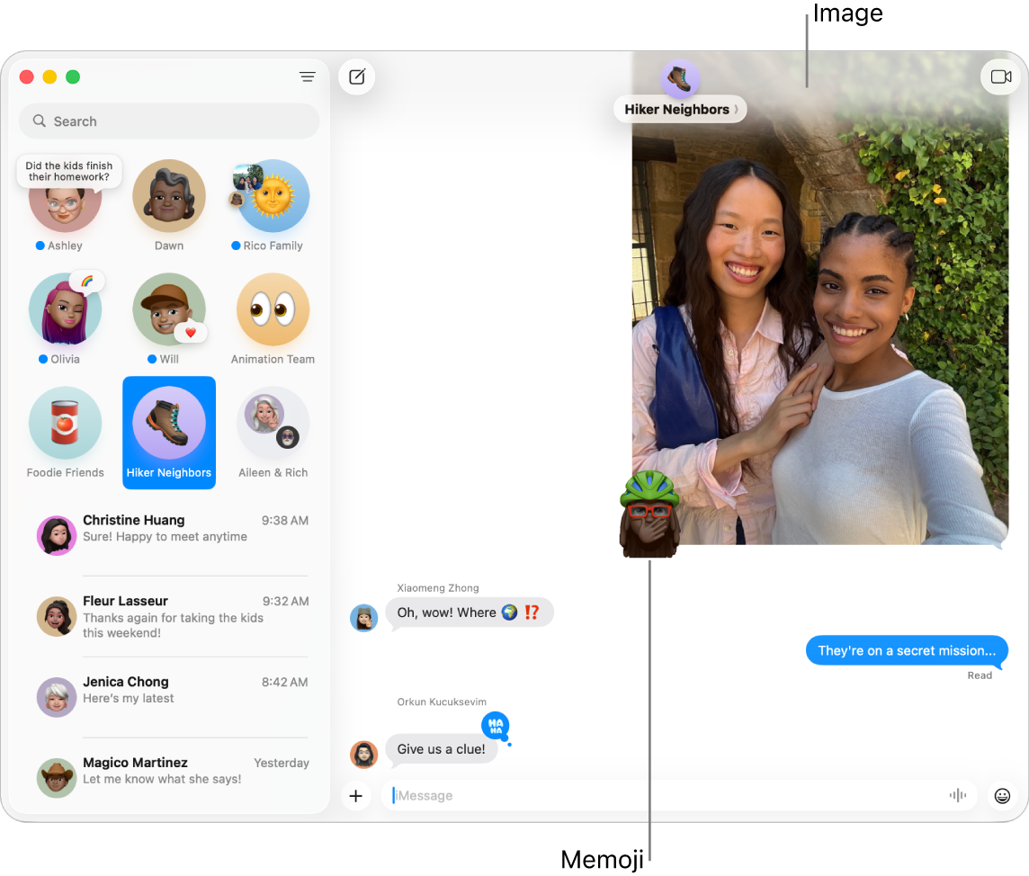 The Messages window with several conversations listed in the sidebar at the left, and a transcript showing at the right. A few items are highlighted in the transcript: a Tapback above a pinned conversation on the left, an image and Memoji on the right, and a Live Sticker in the lower-right corner. Click the Apps button at the bottom of the window to add photos, videos, #images, stickers, and message effects.