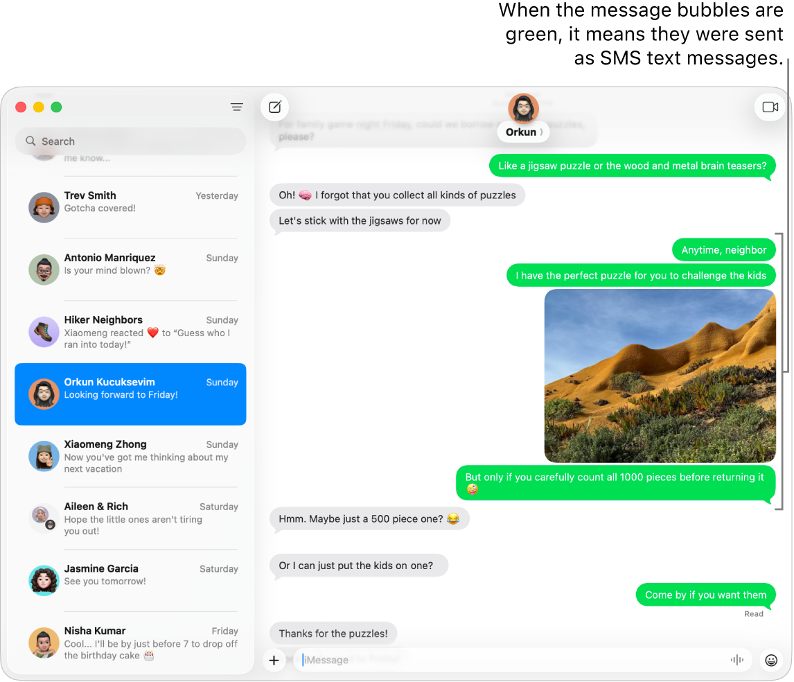 The Messages window with several conversations listed in the sidebar at the left, and a transcript showing at the right. The message bubbles are green, indicating they were sent as SMS, MMS, or RCS text messages.