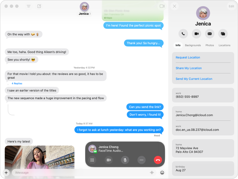 La visualización de Información, que aparece después de hacer clic en el ícono del contacto o grupo en la parte superior de una conversación; muestra los botones Llamar, Video y Compartir pantalla debajo del nombre de una persona.