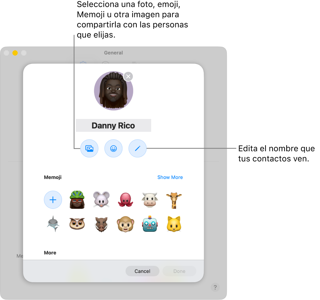 El cuadro de diálogo Compartir nombre y foto mostrando opciones para editar el nombre que tus contactos ven, y elegir una foto, emoji, Memoji u otra imagen.