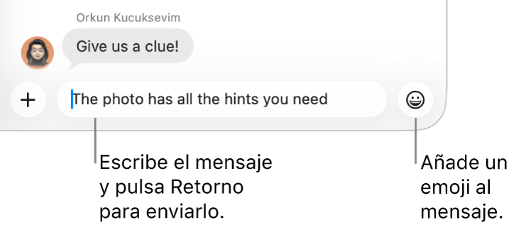 Una transcripción en la ventana de Mensajes, con el campo de mensaje mostrado en la parte inferior de la ventana.