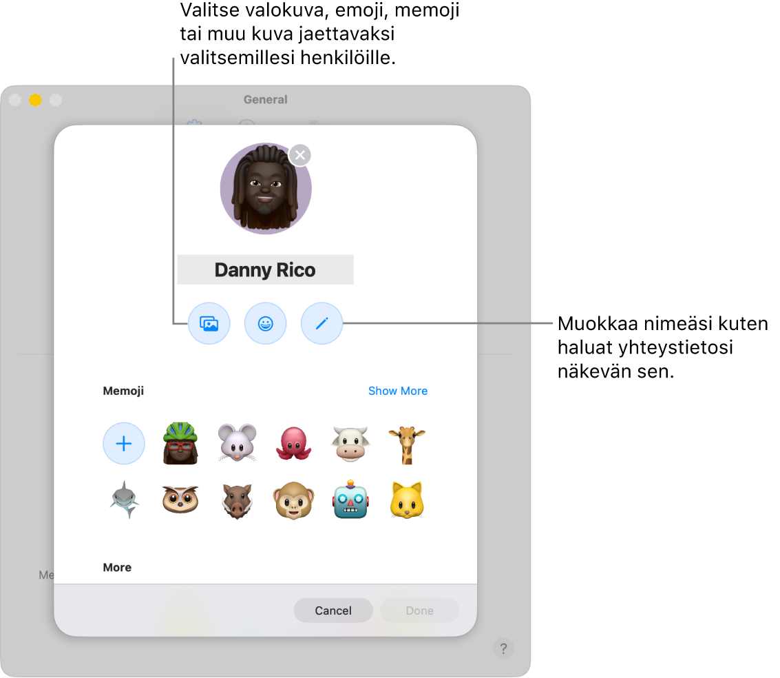 Nimen ja kuvan jakaminen ‑valintaikkuna, jossa näkyvillä valinnoilla voi muokata yhteystiedoille näytettävää nimeä ja valita valokuvan, emojin, memojin tai muun kuvan.