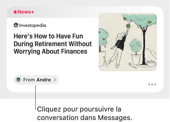 Un article d’actualité partagé dans News. Cliquez sur l’étiquette De pour envoyer une réponse dans Messages.