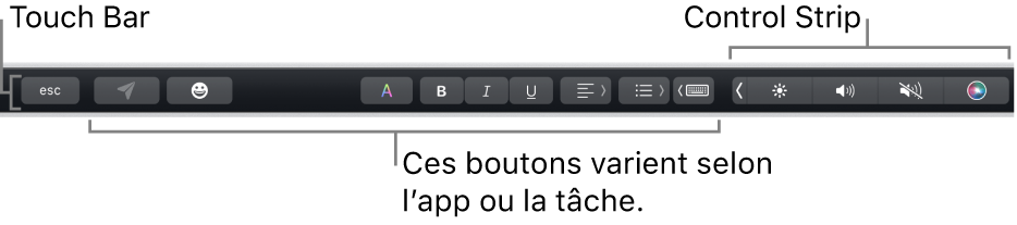 La Touch Bar en haut du clavier qui affiche la Control Strip développée à droite et des boutons qui varient selon l’app ou la tâche.