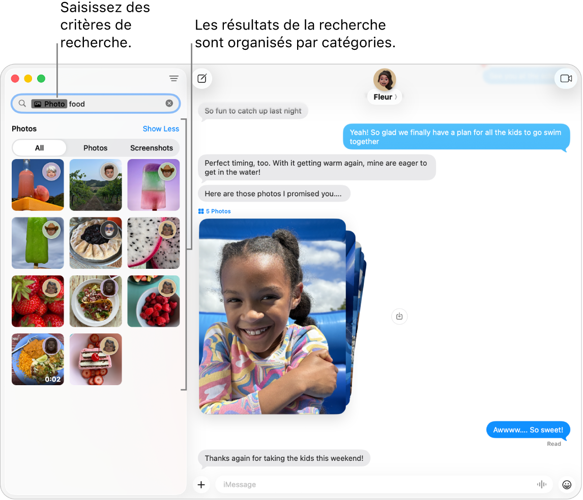 La fenêtre Messages avec des critères de recherches saisis dans le champ Rechercher en haut à gauche. Les résultats de recherche sont organisés en dessous, par catégories telles que Conversations, Messages et Photos.