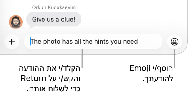 תמלול בחלון ״הודעות״ עם שדה ההודעה בתחתית החלון.