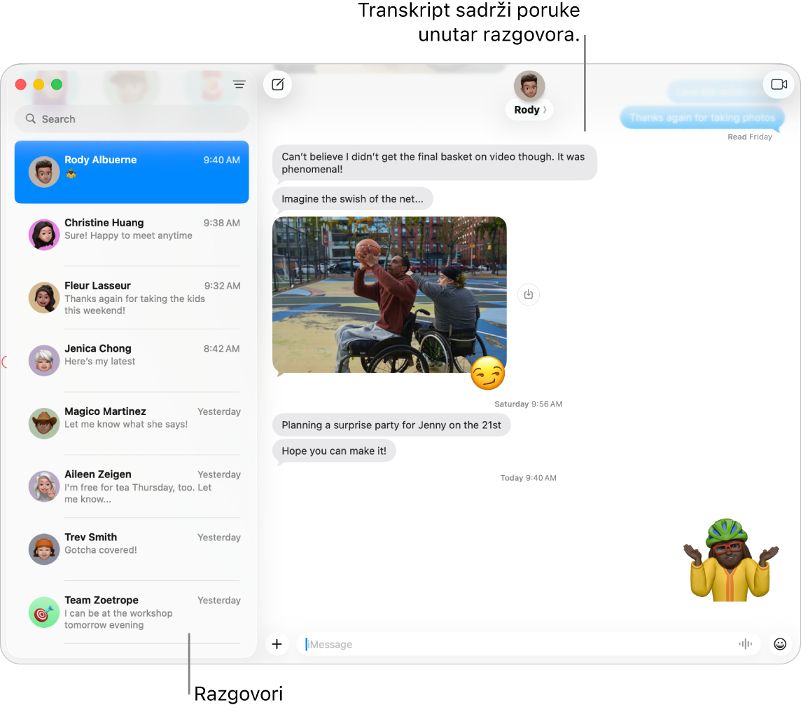 Prozor Poruka s razgovorima u rubnom stupcu i transkript koji sadrži poruke u razgovoru.