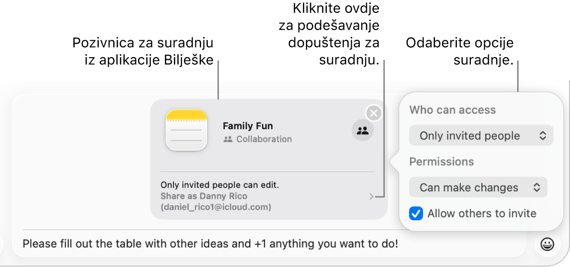 Krupni plan polja tekstualne poruke pri dnu razgovora u Porukama. Postoji pozivnica za suradnju na bilješci. Možete kliknuti desnu stranu pozivnice za postavljanje dozvola za suradnju.