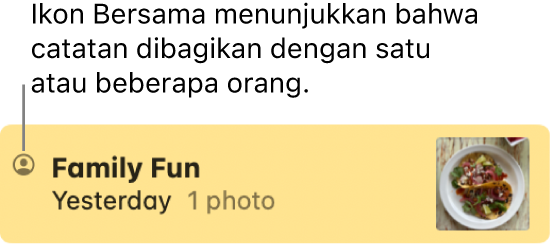 Catatan yang telah dibagikan dengan orang lain di percakapan Pesan, dengan ikon Bersama di sebelah kiri nama catatan.