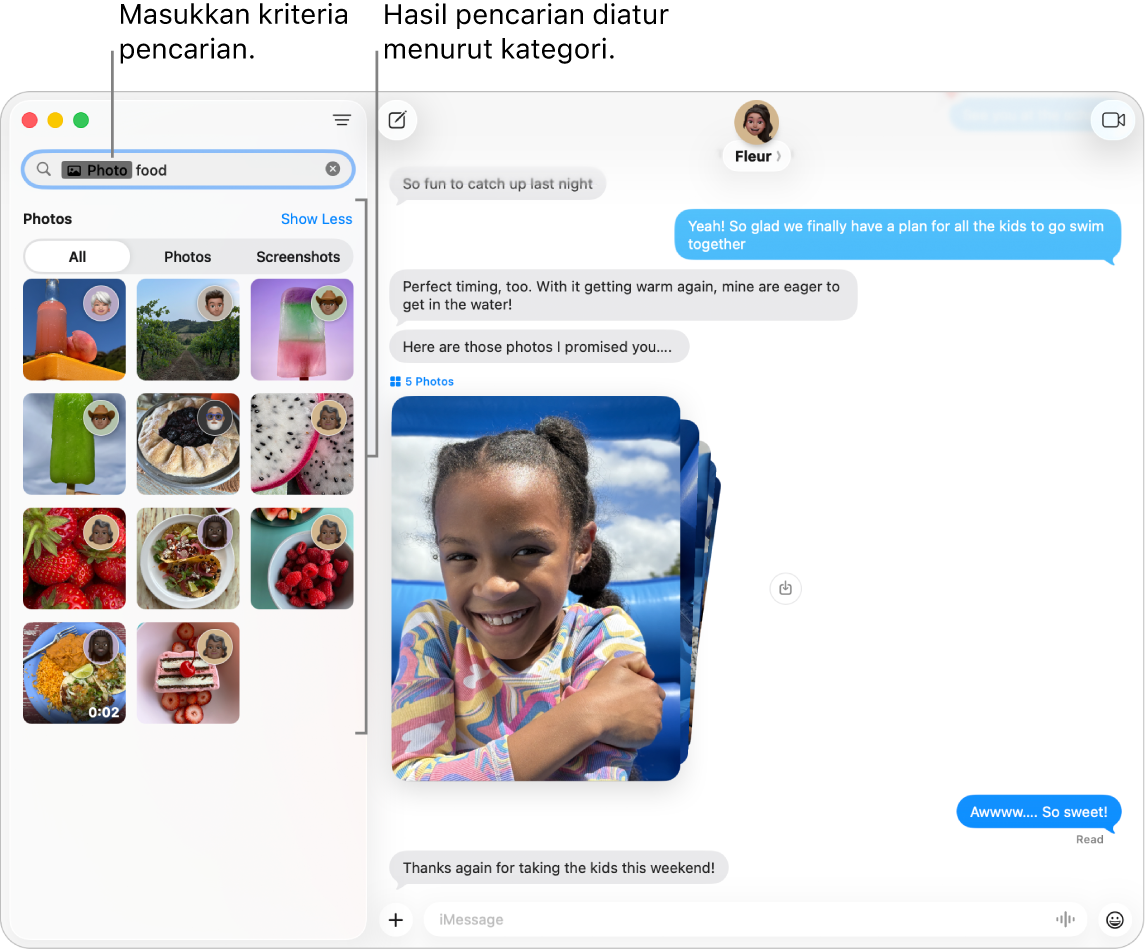 Jendela Pesan dengan kriteria pencarian dimasukkan di bidang pencarian di pojok kiri atas. Hasil pencarian diatur di bawah hal tersebut menurut kategori seperti Percakapan, Pesan, dan Foto.