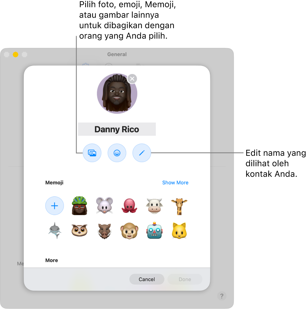 Dialog Berbagi Nama dan Foto, menampilkan pilihan untuk mengedit nama yang dilihat kontak Anda serta memilih foto, emoji, Memoji, atau gambar lainnya.