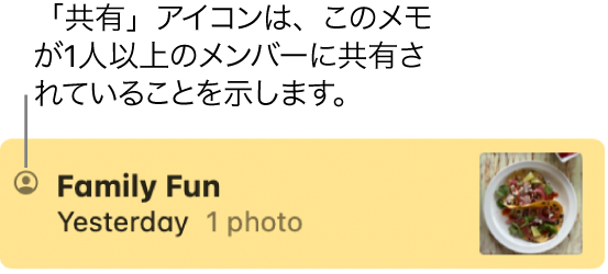 「メッセージ」のチャットでほかの人と共有していたメモ。メモの名前の左に共有アイコンが表示されています。