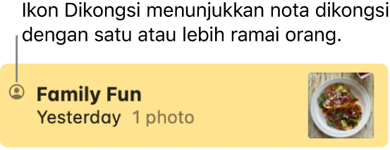 Nota yang telah dikongsi dengan orang lain dalam perbualan Mesej, dengan ikon Dikongsi di sebelah kiri nama nota.