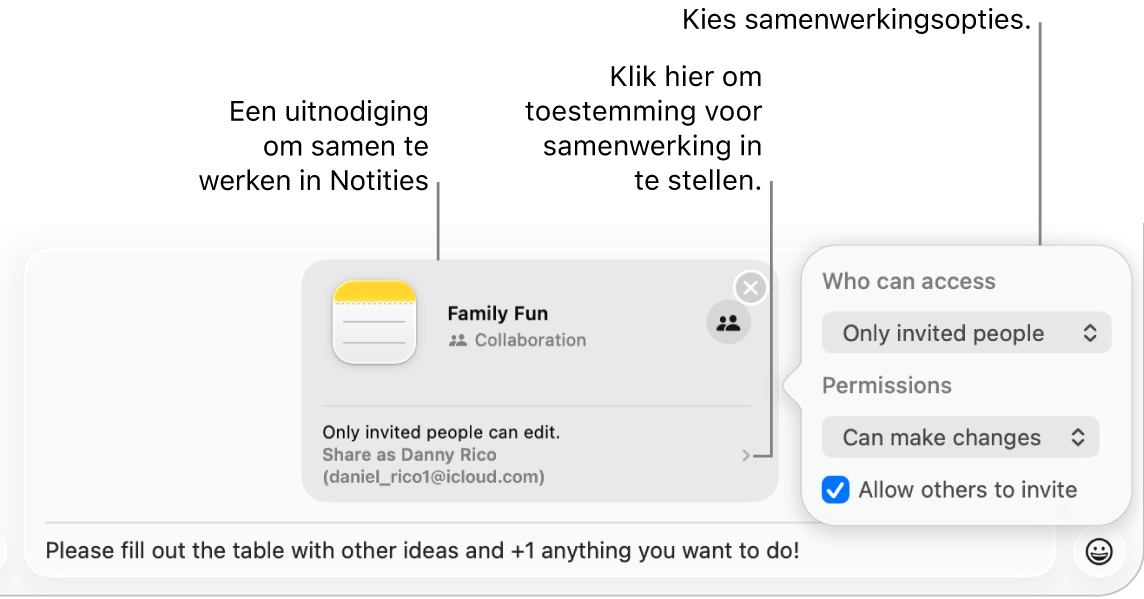 Een close-up van het berichtveld onder in het gesprek in Berichten. Er is een uitnodiging beschikbaar om samen te werken aan een notitie. Je kunt rechts naast de uitnodiging klikken om de bevoegdheden voor de samenwerking in te stellen.