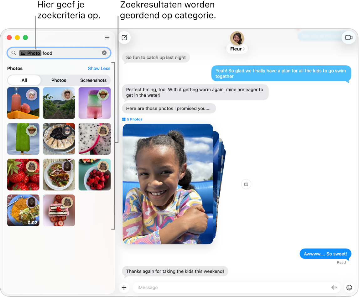 Het Berichten-scherm met zoekcriteria die in het zoekveld linksbovenin zijn ingevoerd. Daaronder worden zoekresultaten geordend op categorieën zoals 'Gesprekken', 'Berichten' en 'Foto's'.