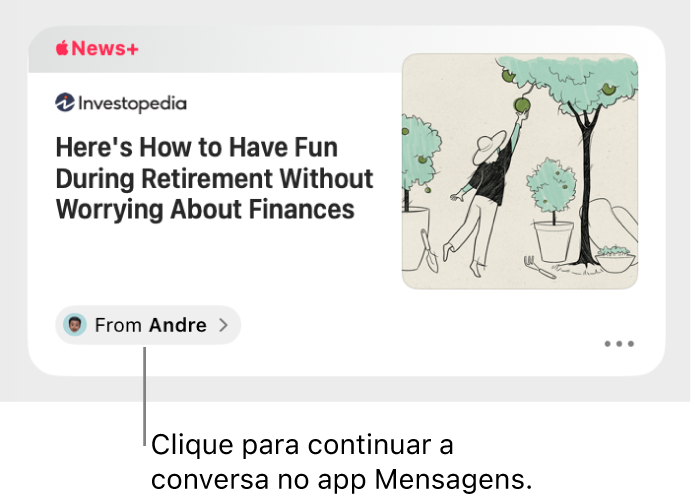 Um artigo de notícias compartilhado no app News. Clique na etiqueta “De” para enviar uma resposta no app Mensagens.