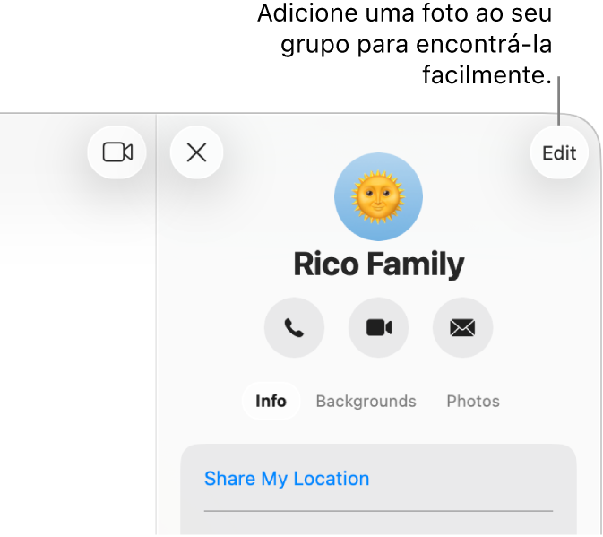 Visualização de informações de uma conversa em grupo, que aparece quando você clica no ícone do contato ou grupo na parte superior de uma conversa, mostrando os ícones dos participantes e o nome do grupo. Abaixo do nome do grupo estão os botões para fazer uma ligação de áudio ou de vídeo do FaceTime ou para enviar um e-mail para o grupo. Abaixo desses botões está o botão para alterar o nome e a foto do grupo.