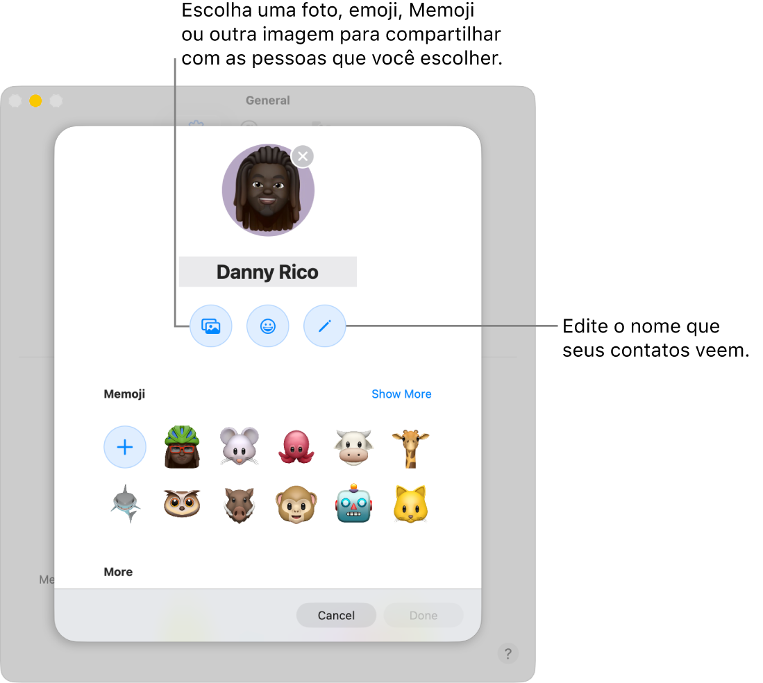 O diálogo de Compartilhamento de Nome e Foto, mostrando opções para editar o nome que os contatos veem e escolher uma foto, emoji, Memoji ou outra imagem.