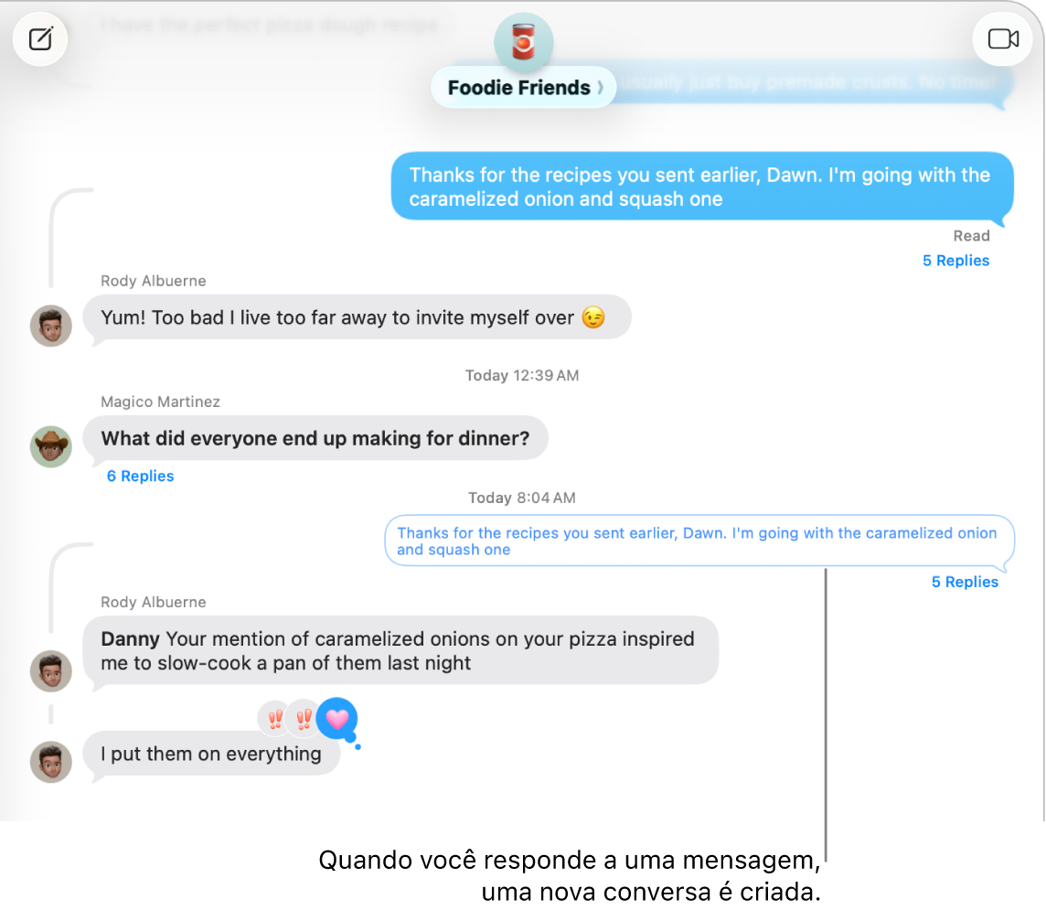 Janela do app Mensagens mostrando uma conversa com uma nova conversa abaixo de uma mensagem específica.
