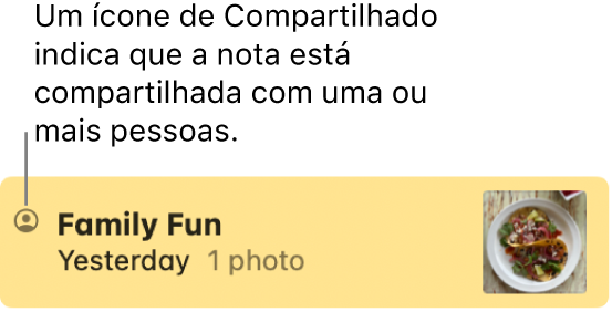 Uma nota que foi compartilhada com outras pessoas em uma conversa no app Mensagens, com o ícone Compartilhado à esquerda do nome da nota.