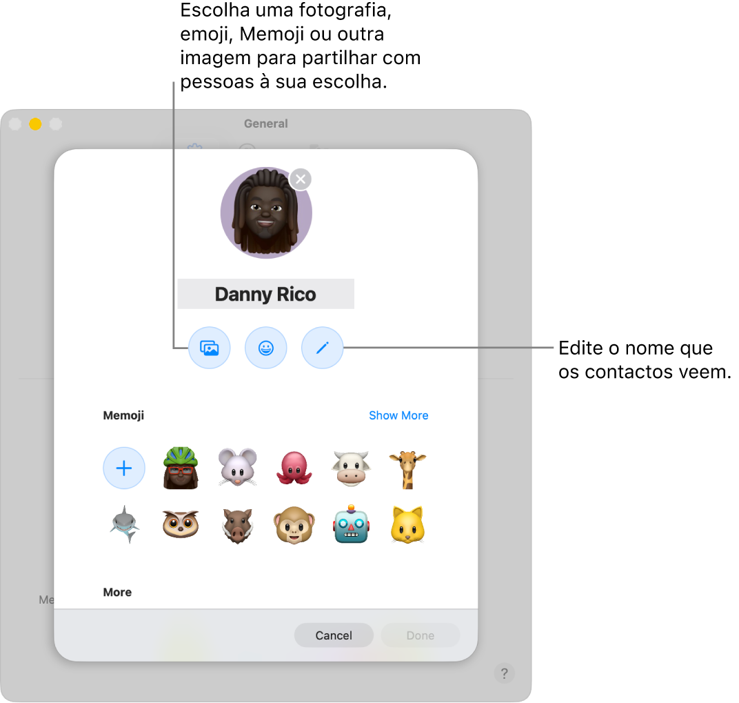 A caixa de diálogo de partilha do nome e fotografia a mostrar opções para editar o nome que os seus contactos veem e escolher uma fotografia, emoji, Memoji ou outra imagem.