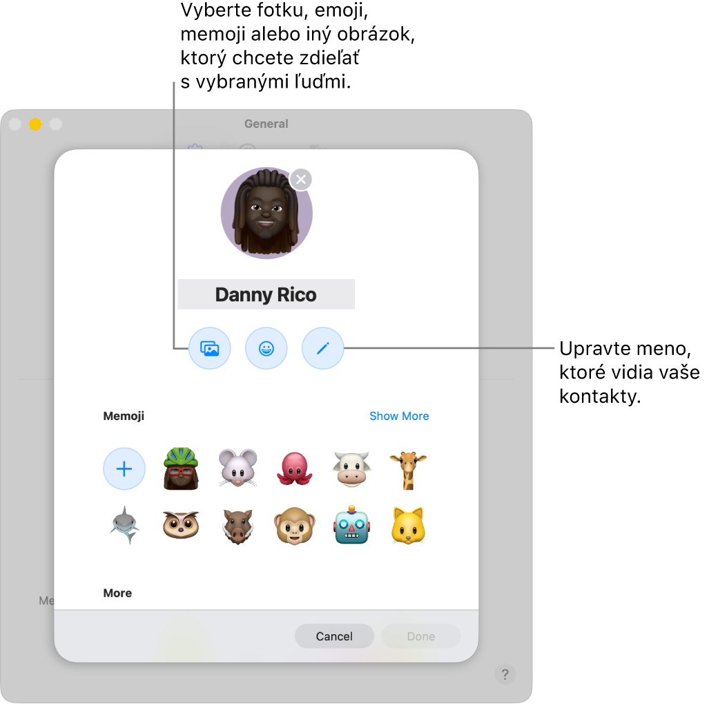 Dialógové okno Zdieľanie mena a fotky zobrazuje možnosti na úpravu mena, ktoré sa vašim kontaktom zobrazí, a na výber fotky, emoji, memoji alebo iného obrázka.