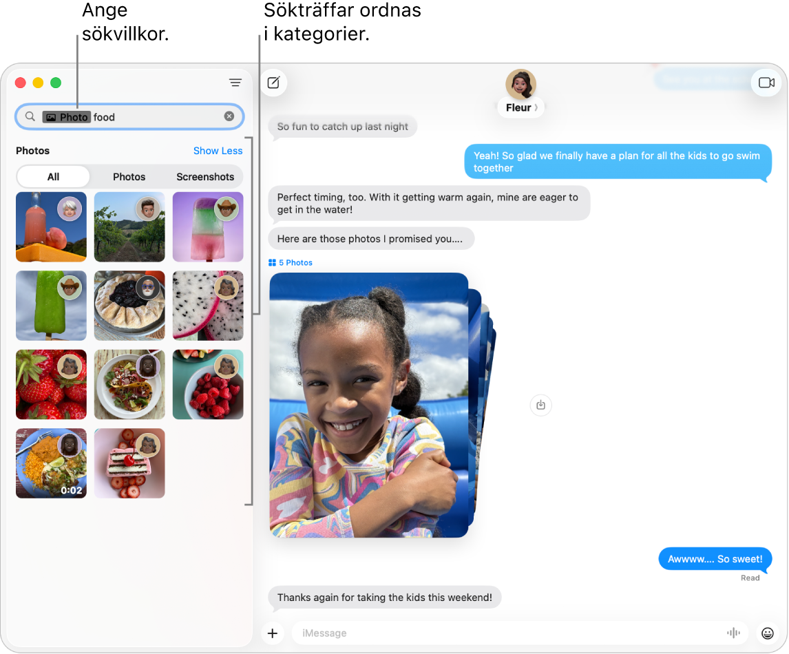 Fönstret Meddelanden med sökvillkor i sökfältet uppe till vänster. Sökträffarna är ordnade i kategorier som Konversationer, Meddelanden och Bilder nedanför.