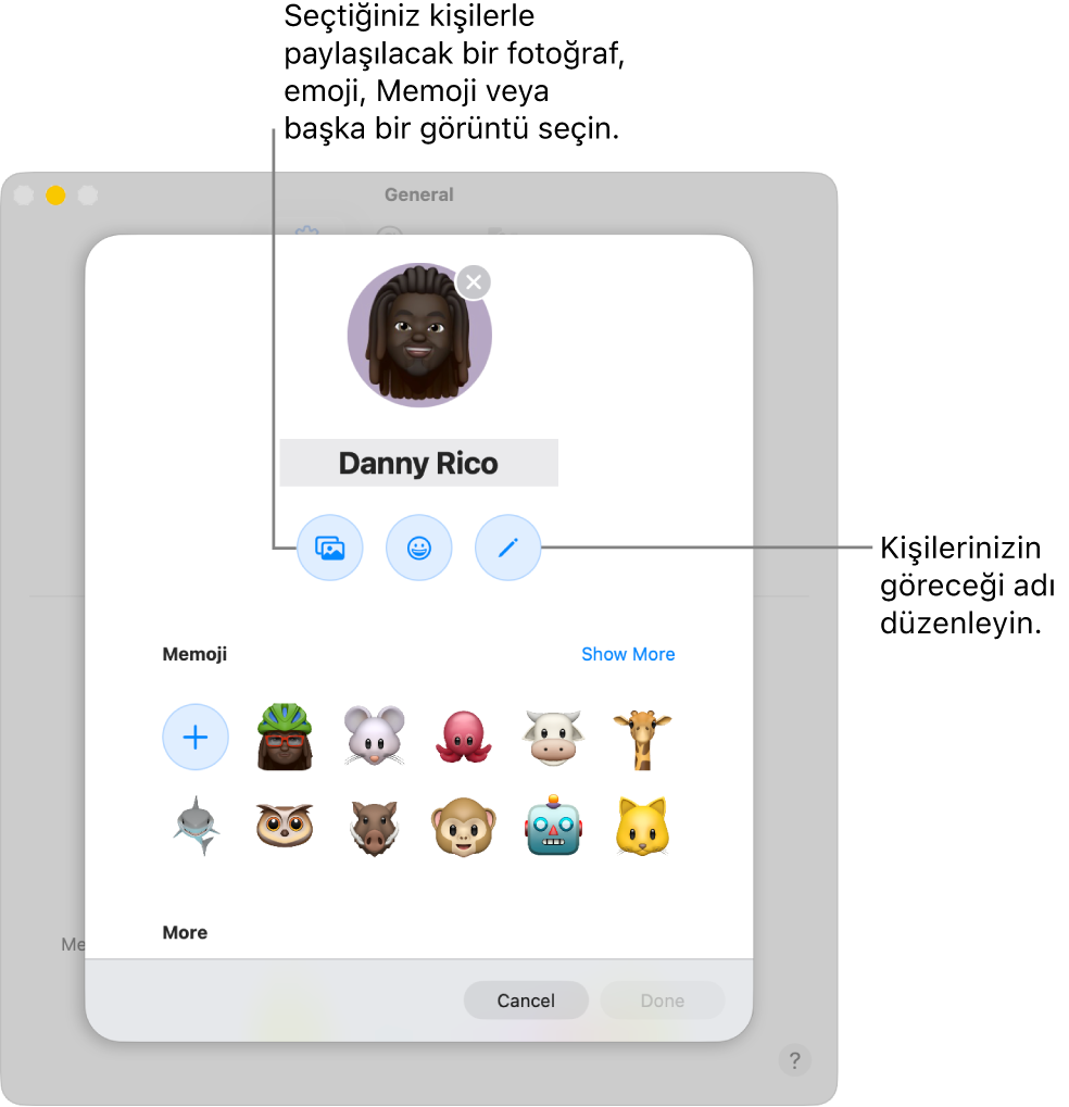 Ad ve Fotoğraf Paylaşma sorgu kutusu, kişilerinizin gördüğü adı düzenleme ve fotoğraf, emoji, Memoji veya başka bir görüntü seçme seçeneklerini gösteriyor.