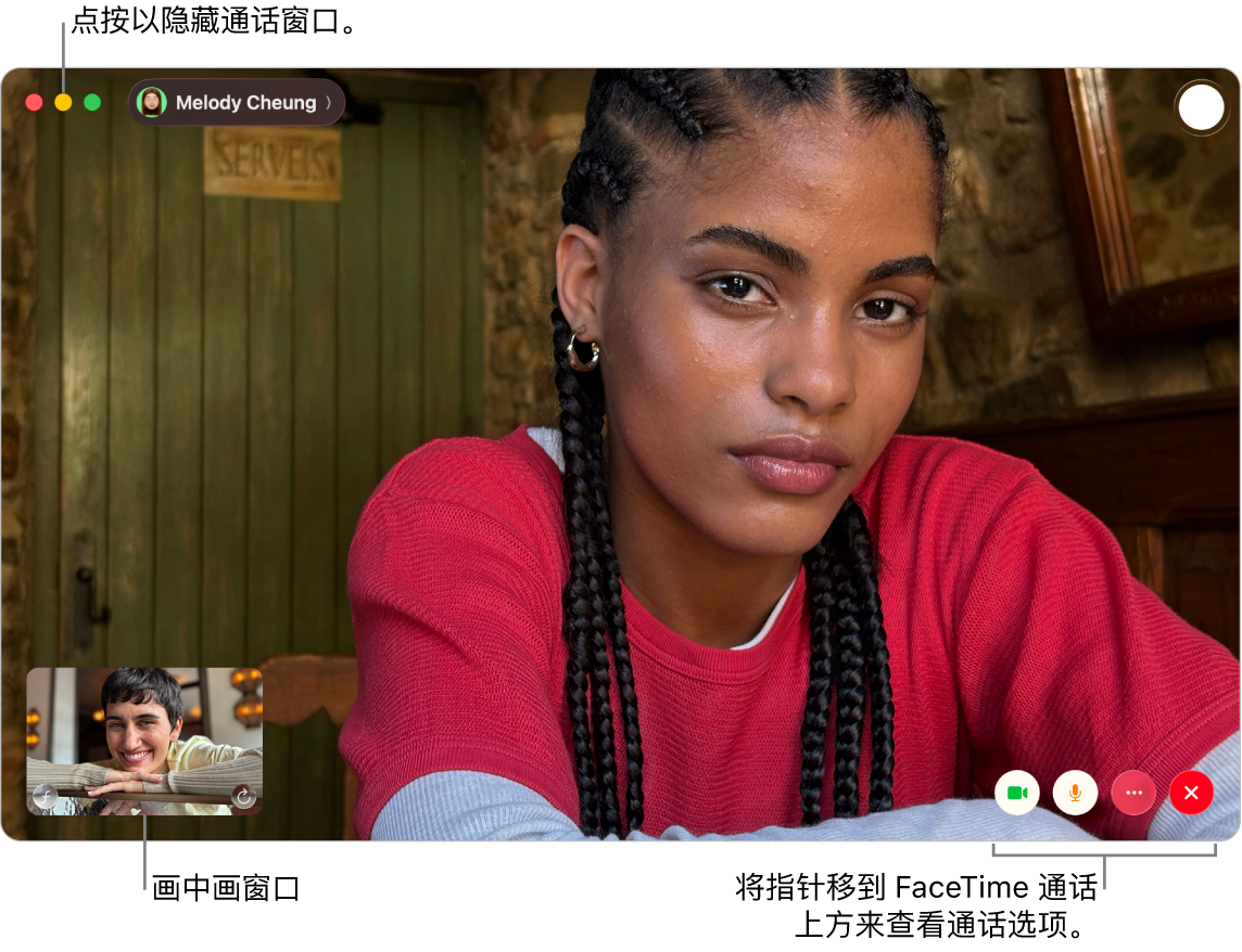 进行中的 FaceTime 视频通话。画中画窗口显示在右上角，FaceTime 通话选项显示在左下角。