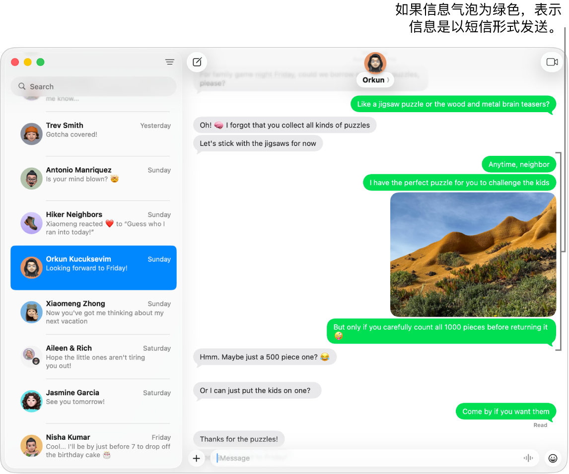 左侧边栏中列有多个对话的“信息”窗口,聊天记录显示在右侧。信息气泡为绿色,表示它们是作为短信、彩信或 RCS 文本信息发送。