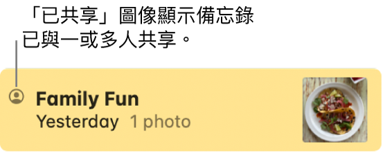 已在「訊息」對話中與其他人共享的備忘錄，備忘錄名稱的左方有「已共享」圖像。