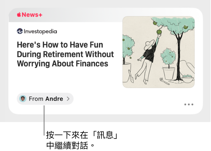 在 News 中共享的新聞文章。按一下「寄件人」標籤來在「訊息」中傳送回覆。