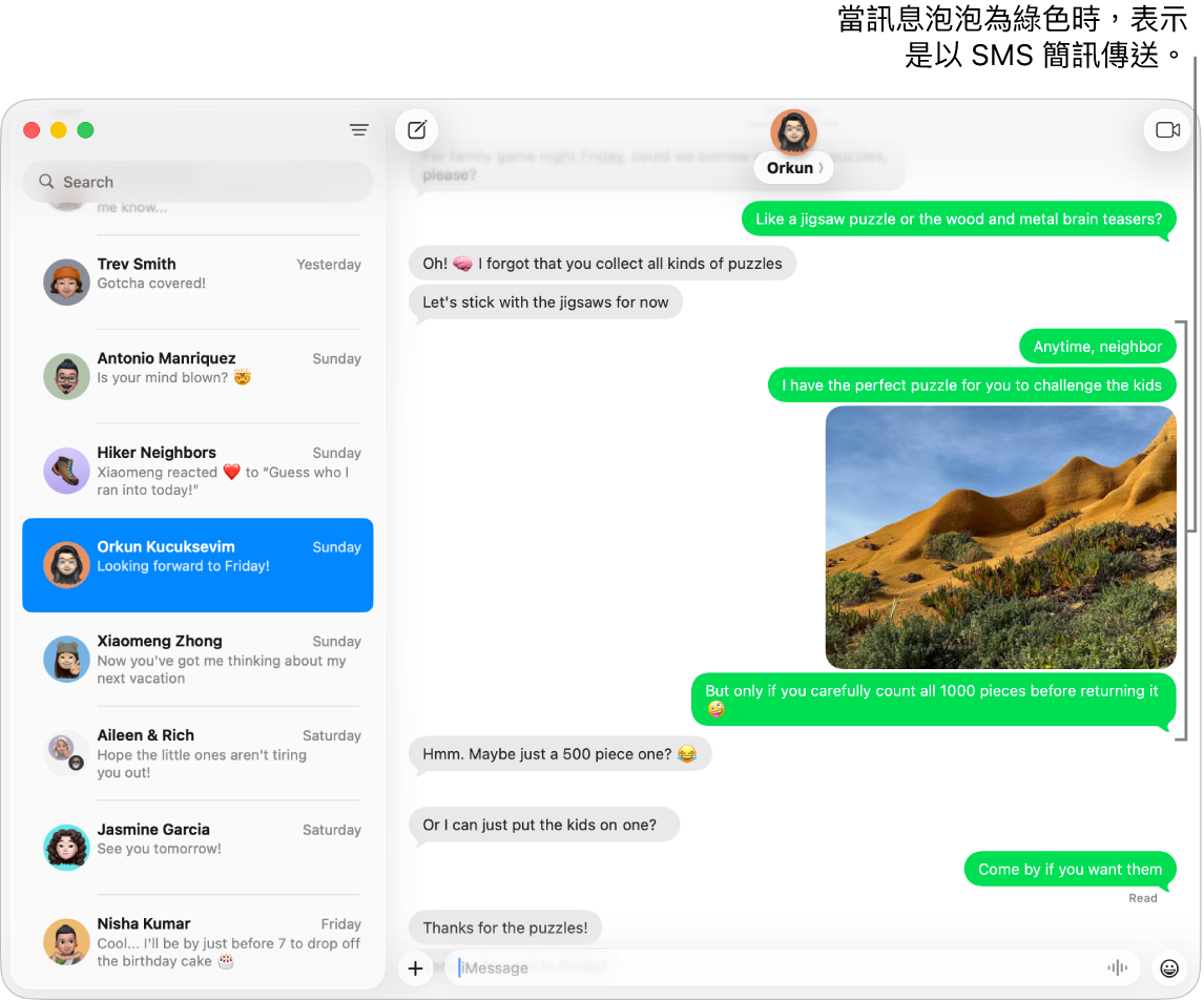 左側側邊欄中列出多個對話的「訊息」視窗，右側則顯示聊天記錄。訊息泡泡為綠色，表示其是作為 SMS、MMS 或 RCS 訊息所傳送。