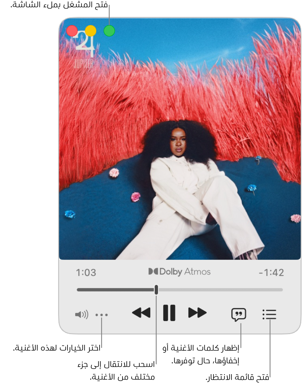 المشغّل المصغّر الموسَّع الذي تظهر فيه عناصر التحكم الخاصة بالأغنية التي يجري تشغيلها. في الزاوية العلوية اليمنى توجد عناصر التحكم في النافذة المستخدمة لفتح المشغل بملء الشاشة وإغلاقه. يعرض الجزء الرئيسي من النافذة العمل الفني للألبوم الخاص بالأغنية التي يتم تشغيلها. يوجد أسفل العمل الفني شريط تمرير للانتقال إلى جزء مختلف من الأغنية وأزرار لضبط مستوى الصوت وإظهار كلمات الأغنية وفتح قائمة الانتظار.
