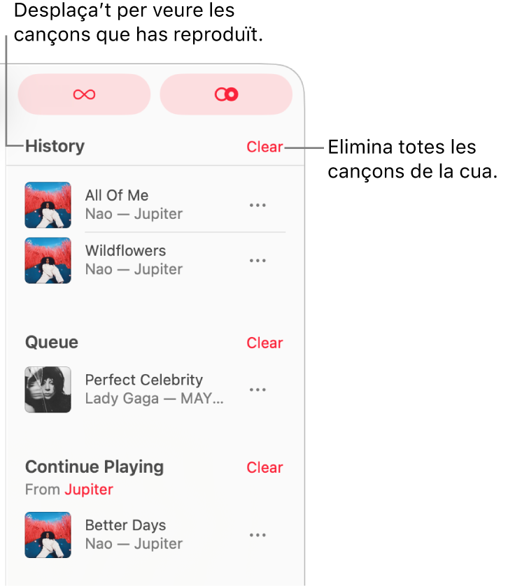 La cua es pot veure a l’angle superior dret de l’Apple Music. Apareixen les seccions “Historial”, “Cua” i “Continua reproduint”.