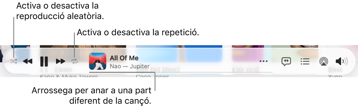 La part inferior de l’Apple Music amb una cançó reproduint‑se. Els controls de reproducció són a l’extrem esquerre. El botó “Aleatori” és a l’esquerra dels controls de reproducció i el botó “Repeteix”, a la dreta dels controls. Arrossega el cursor de reproducció per anar a una part diferent de la cançó.