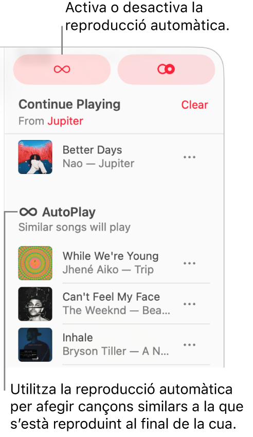 La cua es pot veure a l’angle superior dret de l’Apple Music. Apareixen les seccions “Continua reproduint” i “Reproducció automàtica”.
