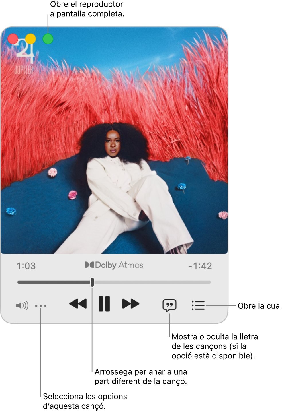 El minireproductor expandit amb els controls de la cançó que s’està reproduint. A l’angle superior esquerra hi ha els controls de finestra que es fan servir per obrir i tancar el reproductor a pantalla completa. La part principal de la finestra mostra la il·lustració de l’àlbum de la cançó que s’està reproduint. A sota de la il·lustració hi ha un regulador per anar a una part diferent de la cançó i botons per ajustar el volum, mostrar la lletra i obrir la cua.