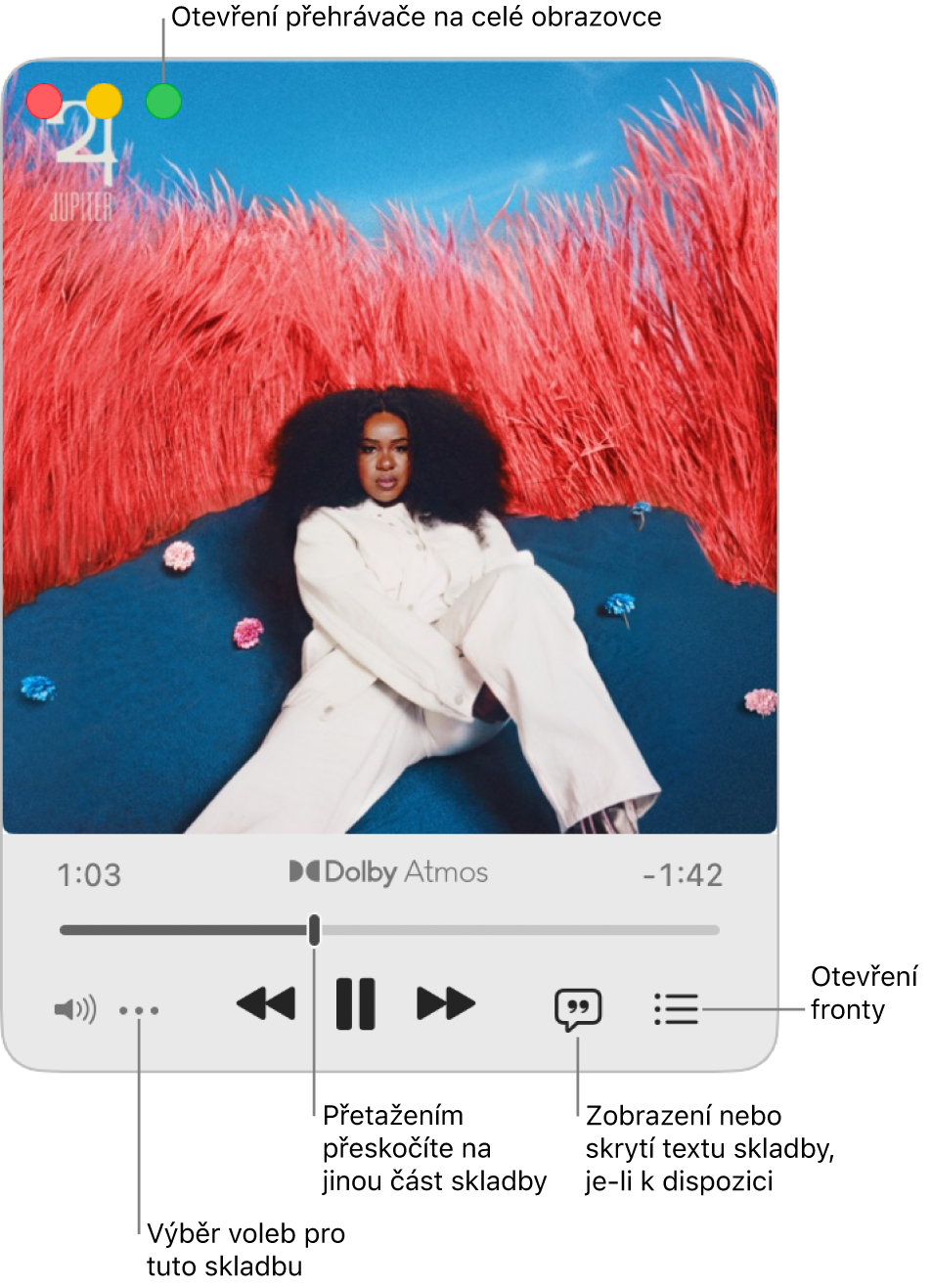 Rozbalený minipřehrávač s ovládacími prvky pro právě přehrávanou skladbu. V levém horním rohu se nacházejí ovládací prvky okna, pomocí nichž můžete přehrávač otevřít v režimu celé obrazovky nebo ho zavřít. V hlavní části okna se zobrazuje grafika alba, z nějž pochází přehrávaná skladba. Pod grafikou je jezdec pro posun na jinou část skladby a tlačítka pro nastavení hlasitosti, zobrazení textu a otevření fronty.
