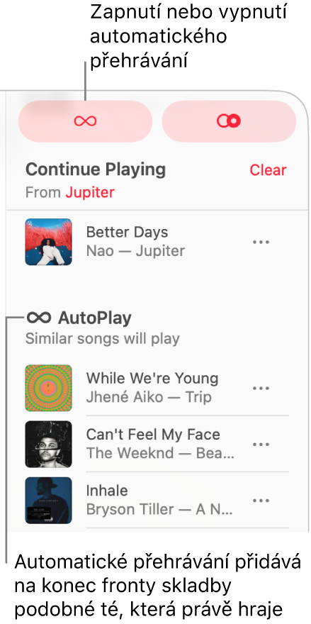 Fronta se zobrazuje v pravém horním rohu okna Apple Music. Zobrazí se sekce Pokračovat v přehrávání a Automatické přehrávání.