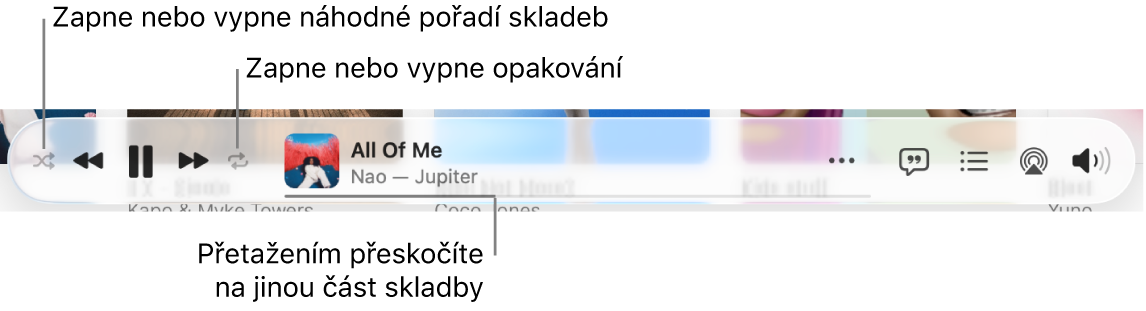 Dolní část okna Apple Music s přehrávanou skladbou Úplně nalevo jsou ovládací prvky přehrávání. Nalevo od ovládacích prvků je tlačítko Zamíchat a napravo tlačítko Opakovat Tažením přehrávací hlavy přeskočíte na jinou část skladby
