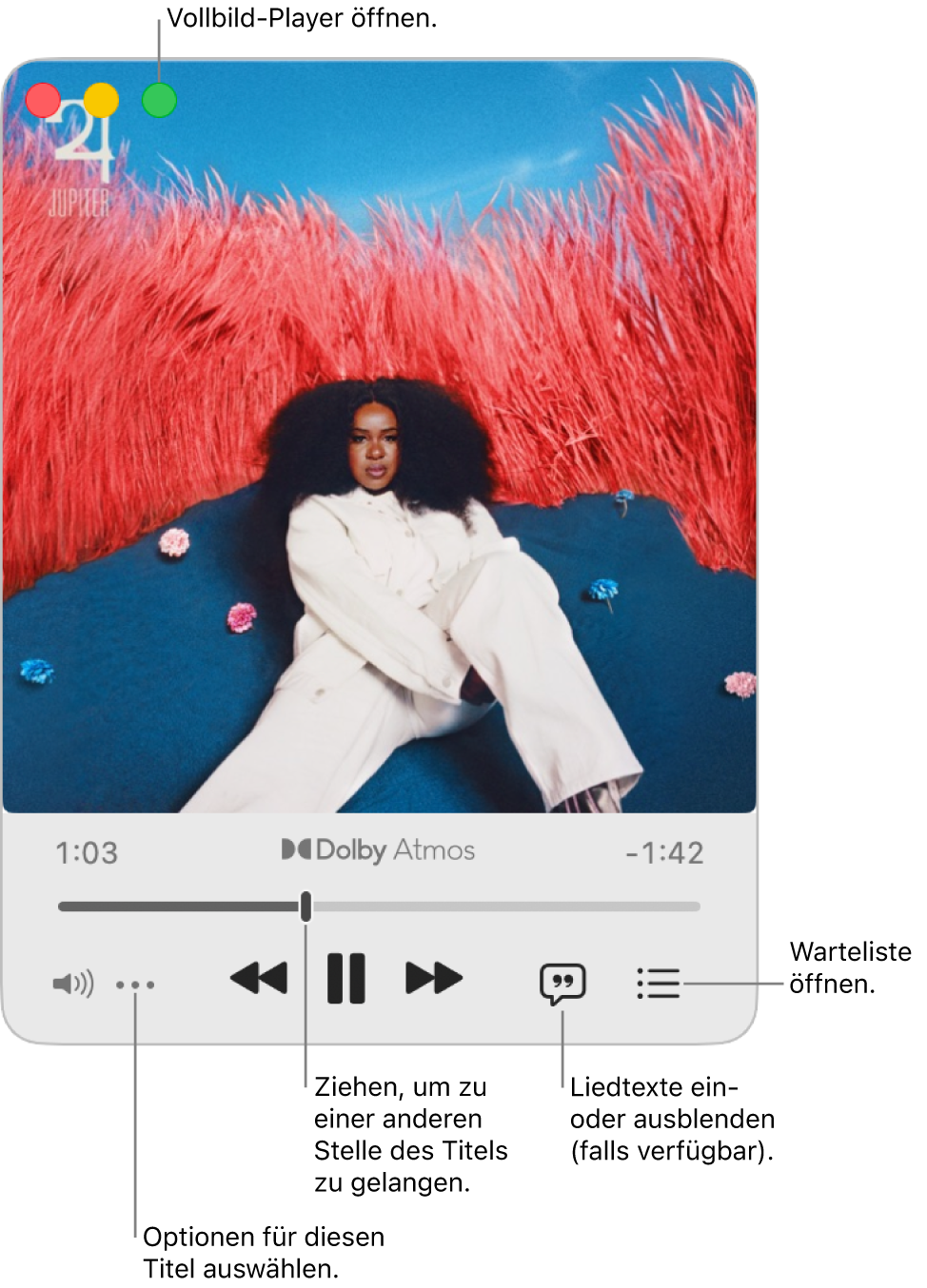 Der erweiterte MiniPlayer mit Steuerelementen für den gerade abgespielten Titel. Oben links befindet sich die Fenstersteuerung, mit der der Vollbild-Player geöffnet und geschlossen wird. Im Hauptteil des Fensters wird das Albumcover des Titels angezeigt, der gerade gespielt wird. Unter dem Coverbild befinden sich ein Regler, mit dem du zu einem anderen Teil des Titels springen kannst, sowie Tasten, mit denen du die Lautstärke einstellen, den Liedtext anzeigen und die Warteliste öffnen kannst.