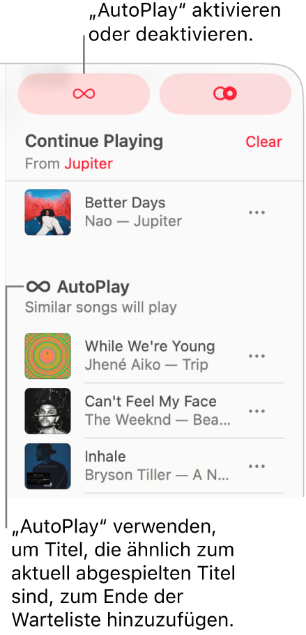 In Apple Music ist oben rechts die Warteliste sichtbar. Die Abschnitte „Wiedergabe fortsetzen“ und „AutoPlay“ werden angezeigt.