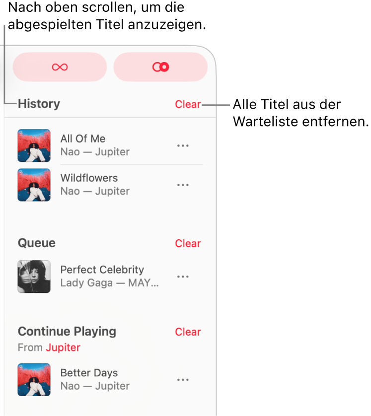 In Apple Music ist oben rechts die Warteliste sichtbar. Die Bereiche „Verlauf“, Warteliste“ und „Wiedergabe fortsetzen“ werden angezeigt.