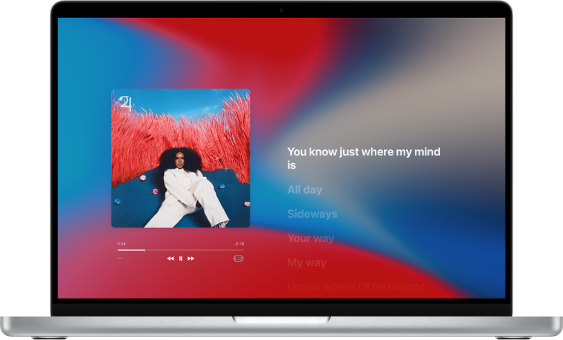 The Full Screen Player with a song playing and lyrics on the right, which appear on-screen in time with the music.