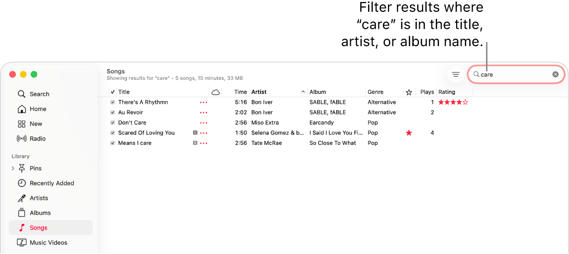 The Apple Music window showing the list of songs that appears when “care” is entered in the filter field in the top-right corner. The songs in the list include the word “care” in their title, artist, or album name.
