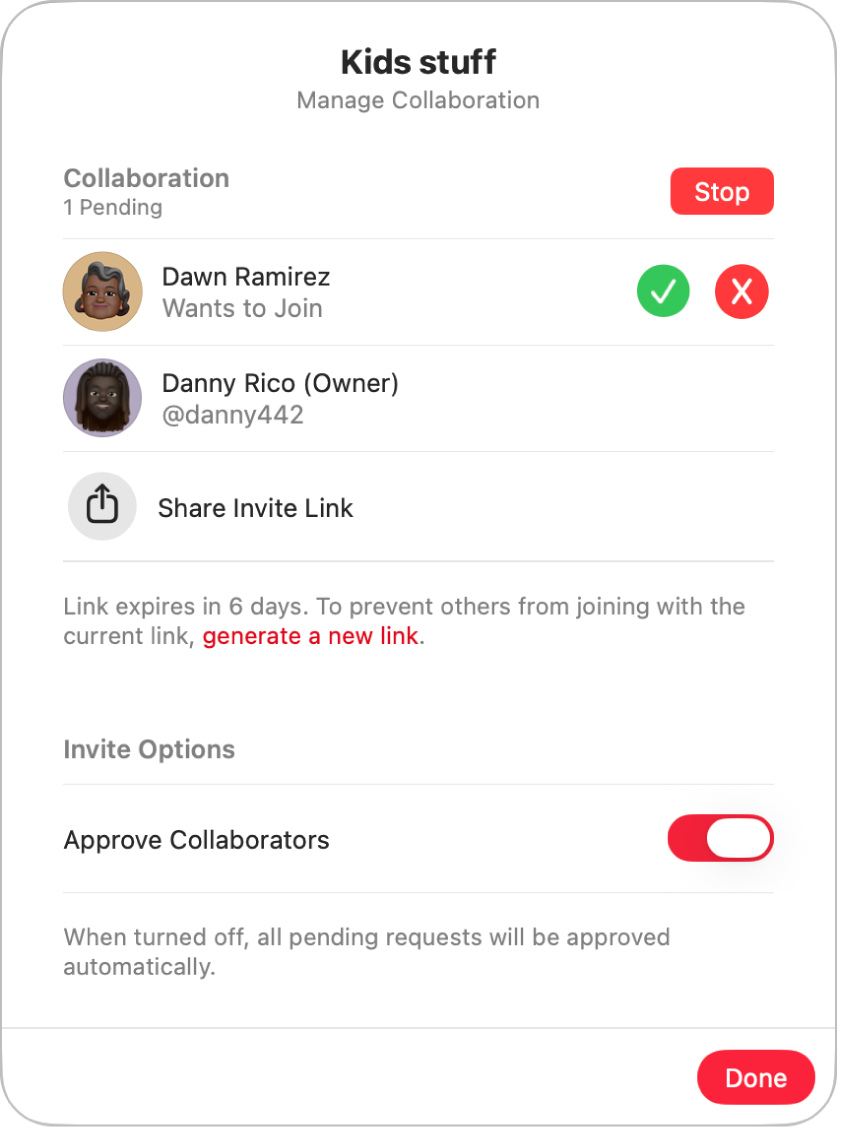 The Manage Collaboration dialog.