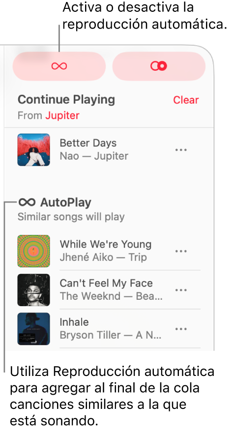 La fila es visible en la esquina superior derecha de Apple Music. Aparecen las secciones Seguir reproduciendo y Reproducción automática.