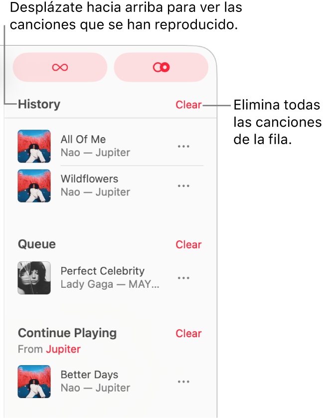 La cola está visible en la esquina superior derecha de Apple Music. Aparecen las secciones Historial, Cola y “A continuación”.